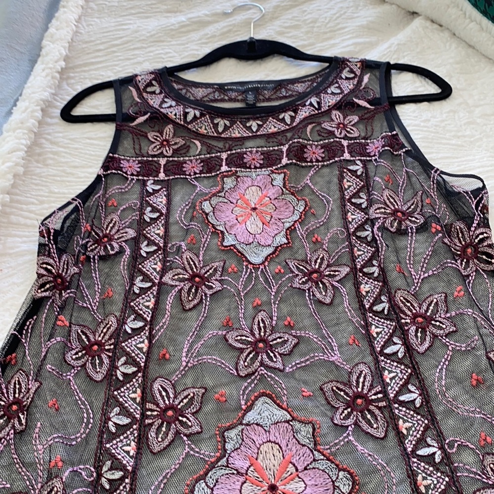 White House Black Market Black Mesh Floral Embroidered Sleeveless Top